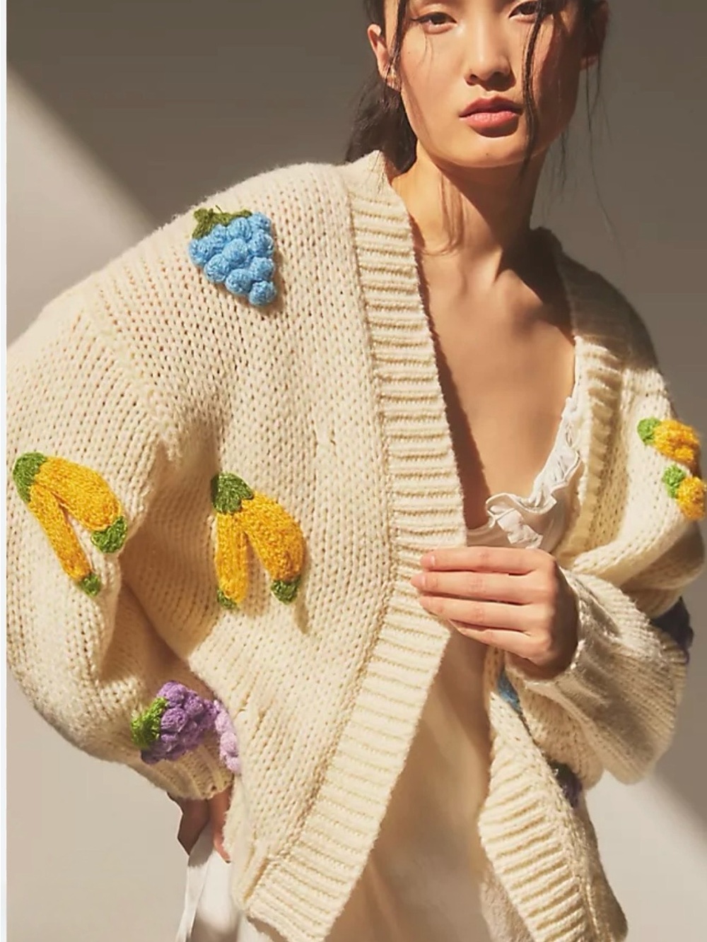 Cream Embroidered Fruit Knit Cardigan